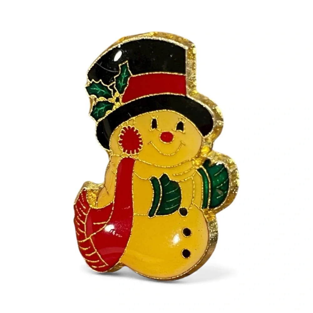 Vintage Cute Enamel Christmas‎ Snowman Hat Scarf Tie Lapel Pin Holiday Cheer